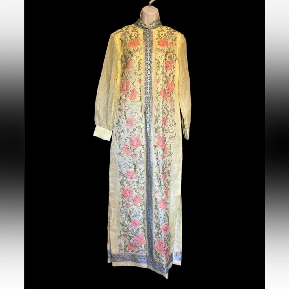Vintage 60s Alfred Shaheen Floral Yellow Maxi Slit Dress